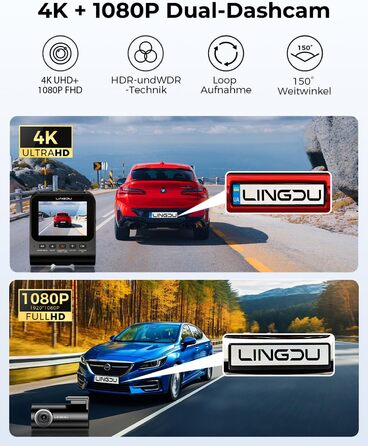 Відеореєстратор для авто Dashcam Auto Vorne Hinten 4K + 1080P з двома камерами, IPS-екран 2.4', SD 64GB, запис голосом, паркувальний режим, покращена нічна зйомка, WDR