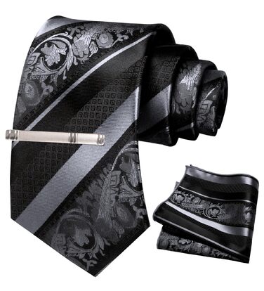 Набір краваток чоловічий JEMYGINS з поєднанням троянд та смужок (темно-сірий) з краватковою кліпсою та кишеньковим хустинкою