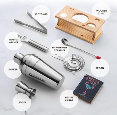 Набір бармена Mixology з підставкою, нержавіюча сталь - професійний інструмент для коктейлів
