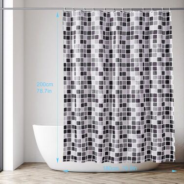 Шторка для душу DUFU, водовідштовхувальна, миється | Швидковисихаюча поліестер, 12 гачків | Напівпрозора захисна шторка для ванни (180x200 см, Темно-сірий) (Мозаїка 180x200 см)
