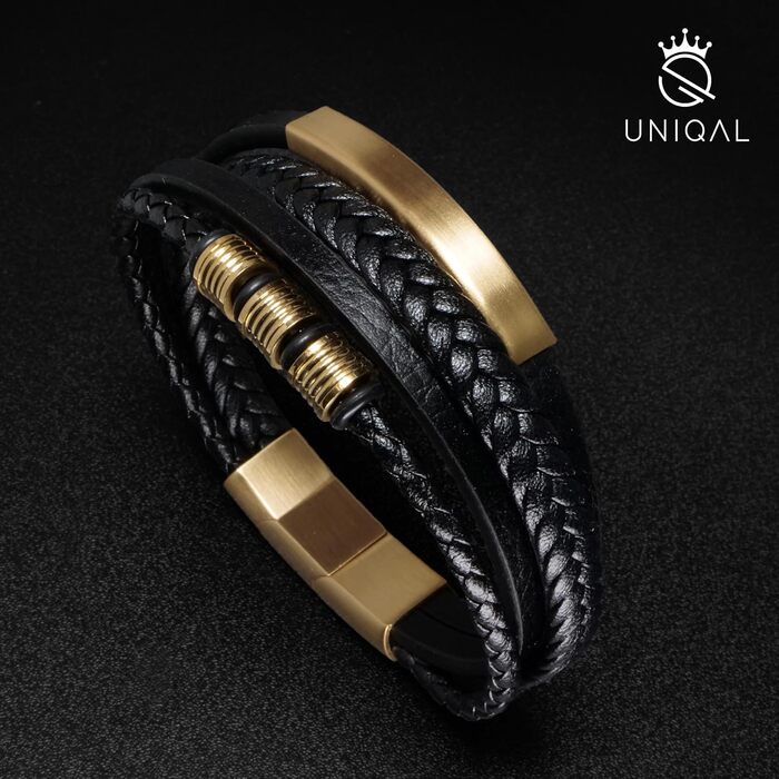 Чоловічий браслет UNIQAL 'BLACK SHAPE' з екошкіри та нержавіючої сталі | Браслет для чоловіків | Безкоштовна коробочка
