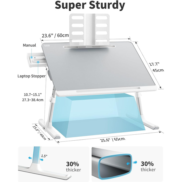 Столик для ноутбука SAIJI 60x45 см, регульована висота, з підставкою для книг, ящиком та кріпленням для планшета. Ідеально для роботи, читання та сніданку.