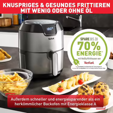 Tefal EY401D Hot Air Fryer Easy Fry Deluxe XL | Air Fryer | 1500 W | 4.2 L for 6 servings | 8 automatic programs | Digital display | energy-saving | healthy fryer without oil | stainless steel
