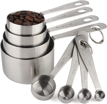 Stainless steel measuring cups and spoons, set of 8 consisting of 4 measuring cups and 4 spoons for dry and liquid ingredients