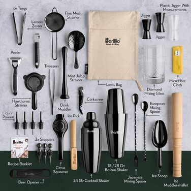 Набір барного інвентарю Barillio Pro Edition – 32 елементи: шейкер, міксер, мадлер та інше для приготування коктейлів вдома. З нержавіючої сталі.
