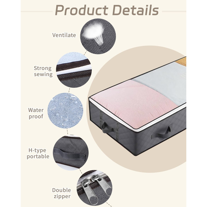 Коробки для зберігання під ліжко з кришкою, 90L, 4 шт., сірі. Органайзери для постільних речей, ковдр, подушок