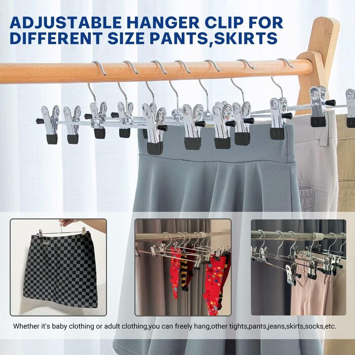 Metal Trouser Hangers, Clothes Hangers with Adjustable Clips, Anti-Slip Trouser Hangers, Strong Chrome Hangers for Trousers, Skirts, Socks, Underwear, 12 Pack