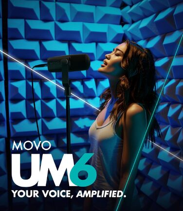 Динамічний мікрофон для подкастів Movo UM6 з підсилювачем GainCast, USB-C та XLR — студійний мікрофон для стрімінгу, геймінгу, вокалу та створення контенту