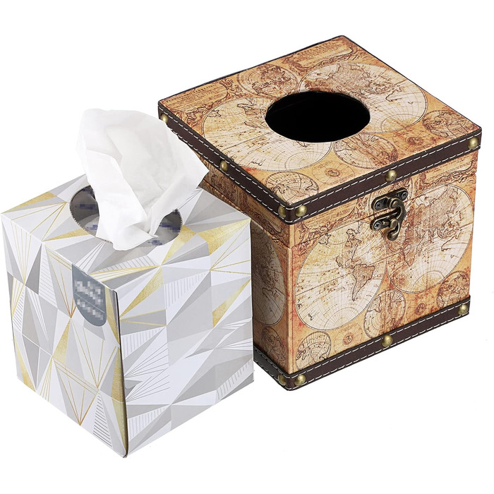 BTSKY Square Tissue Box Holder made of Wood + PU, Retro Style, for Home, Office, Cube, Napkin Holder, Elegant and Stylish Home Decor (Yellow Card)