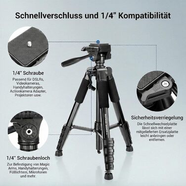 Полегшений алюмінієвий штатив для камери та смартфона NEEWER Basics TP56, професійний компактний трипод для подорожей з 3-позиційною нахильною головкою, висота 188 см