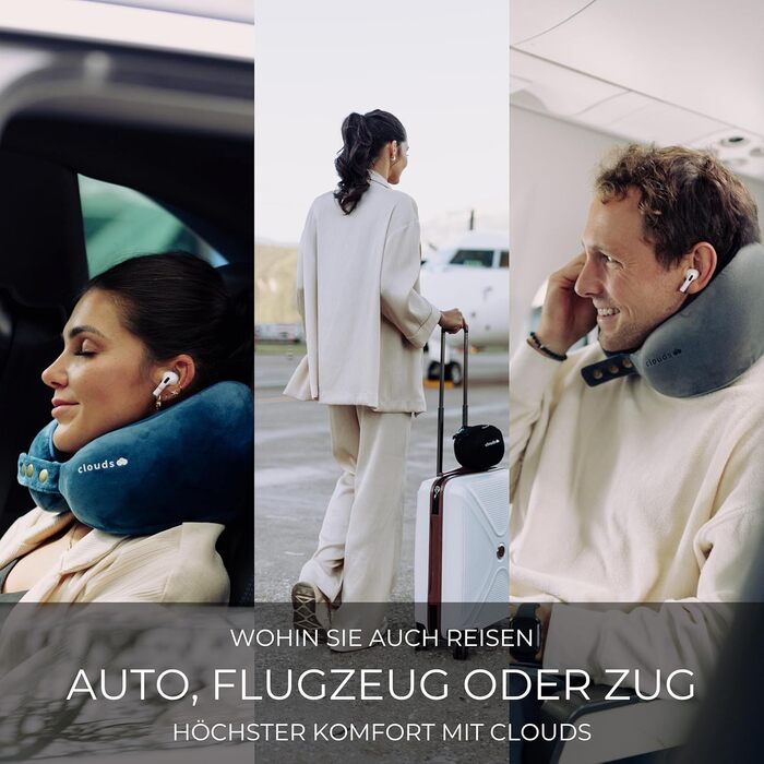 Подушка для шиї CLOUDS – регульована, з піною з пам'яті, для подорожей (літак, авто) – 2 розміри, дихаючий чохол, 5 кольорів (блакитний, L/XL)