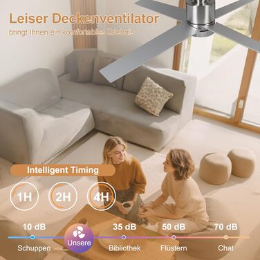 Стеляний вентилятор Ohniyou з підсвічуванням та пультом керування – 96,5 см (38 дюймів). Тихий, димування, для спальні, тераси, внутрішнього/зовнішнього використання (нікель, сучасний)