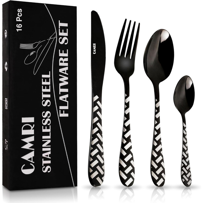 CAMRI Набір столових приборів – 16 предметів з нержавіючої сталі. Набір столових приборів, ножі, виделки, ложки. Комплект на 4 особи, придатний для миття в посудомийній машині. Кріз-чорний візерунок.