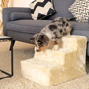 Lionto pet stairs with plush cover, 46x36x4 cm, robust dog stairs with low step height of 10cm, gentle on joints, removable & washable cover, stairs can hold up to 50 kg, beige