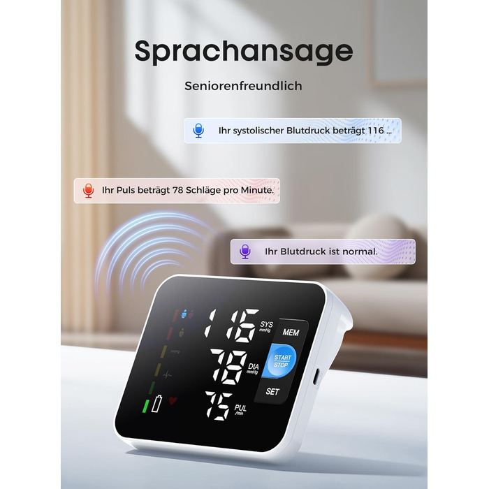 Тонометр на плече Oberarm з голосовим оповіщенням, LED-дисплеєм, для обхвату плеча 22-42 см, пам'ять на 3 користувача, зарядка Type-C, чорний