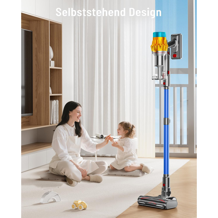 Бездротовий акумуляторний пилосос 600W з потужністю всмоктування 50KPA, 70 хвилин роботи, великий пилозбірник 1,8L, антизаплутана щітка, 8-рівнева фільтрація, підходить для твердих поверхонь, килимів та шерсті тварин, колір - блакитний