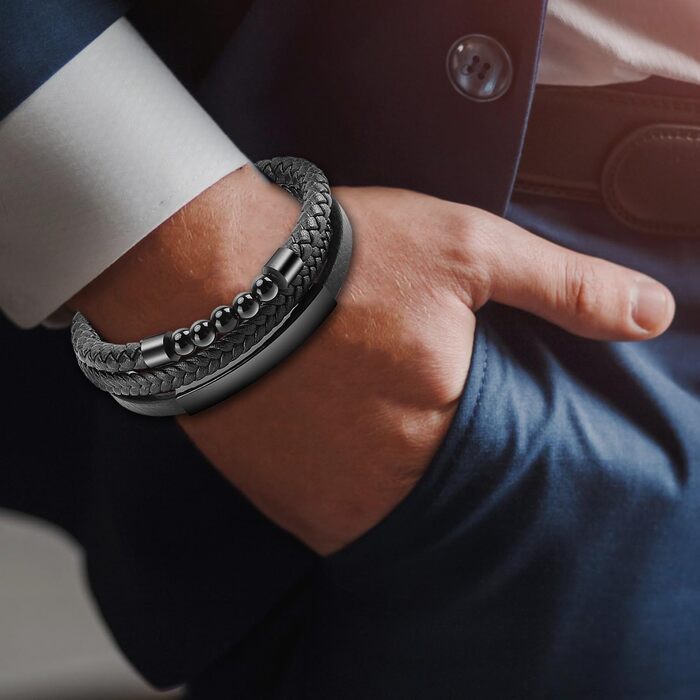 Чоловічий браслет Lederarmband з плетеного чорно-синього шкіряного матеріалу з магнітною застібкою з нержавіючої сталі. Ідеальний подарунок на День Святого Валентина, День батька, день народження, Різдво. 19.5 см