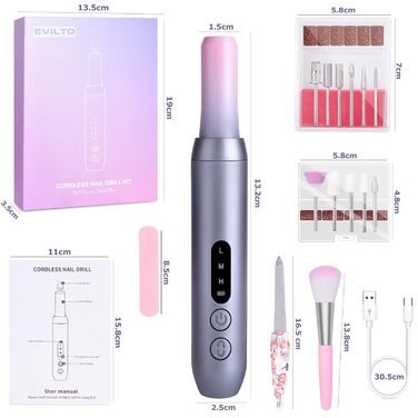 Електричний набір для манікюру та педикюру Nagelfräser: набір для шліфування, полірування та видалення гель-лаку, USB, 30000 об/хв, 3 швидкості, LCD-дисплей, сірий та рожевий