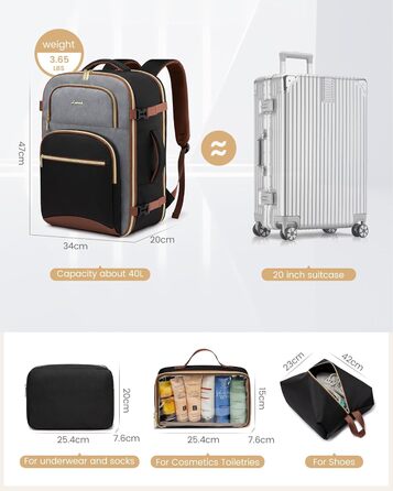 LOVEVOOK Рюкзак ручної поклажі для подорожей, 40L, чорно-сіро-коричневий. Рюкзак для жінок та чоловіків, 17.3 дюйми, водонепроникний, для авіаперельотів, кемпінгу та бізнесу