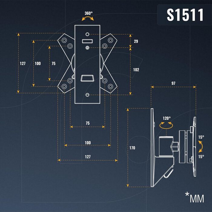 Настінне кріплення для монітора RICOO S1511 13-34 дюйми, поворотне, VESA 75x100 мм