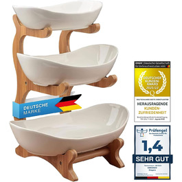 Dimono® Етажерка для сервірування: 3-ярусна етажерка для подачі їжі з керамічних мисок та бамбукового підставки. Ідеально для десертів, фруктів, овочів та солодощів.