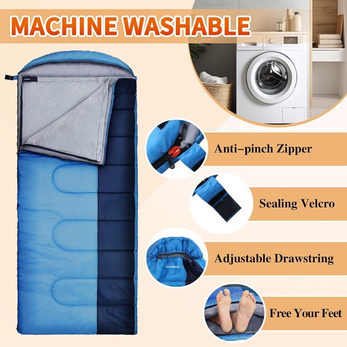 Спальний мішок Outdoor для дорослих, зимовий, машинного прання, водонепроникний, 3-4 сезони, з компресійним мішком, для кемпінгу, походів, подорожей, 0°C, комфорт, синій, 220x85CM