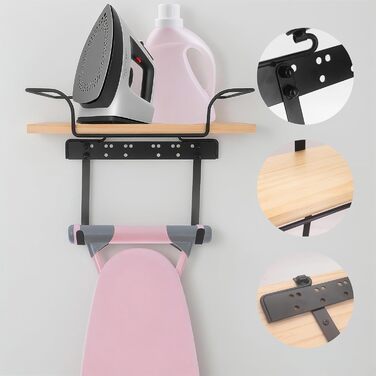 Настінна вішалка для праски та гладильної дошки, органайзер для прасування, дерев'яний підстав, регульовані гачки, для пральні