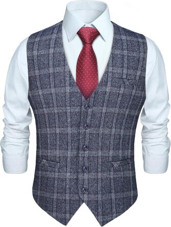 Чоловіча жилетка HISDERN в клітинку, формальна, класична, бавовна, для весілля, в клітку 'Галстук', під костюм, синього кольору
