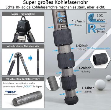 Штатив для камери Artcise з вуглецевого волокна, монопод 40 мм, професійний, для важкої техніки, подорожей, максимальне навантаження 40 кг (CS90C)