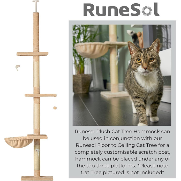 Багатоповерховий котячий комплекс Runesol, 236-278 см, з гамаком, великими платформами та кріпленням до стіни. Аксесуар для котів