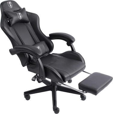 TRISENS Gaming Chair with Racing Design featuring flexible padded armrests, ergonomic PC gaming chair in leather look, desk chair with retractable footrest and extra support cushion, color: black