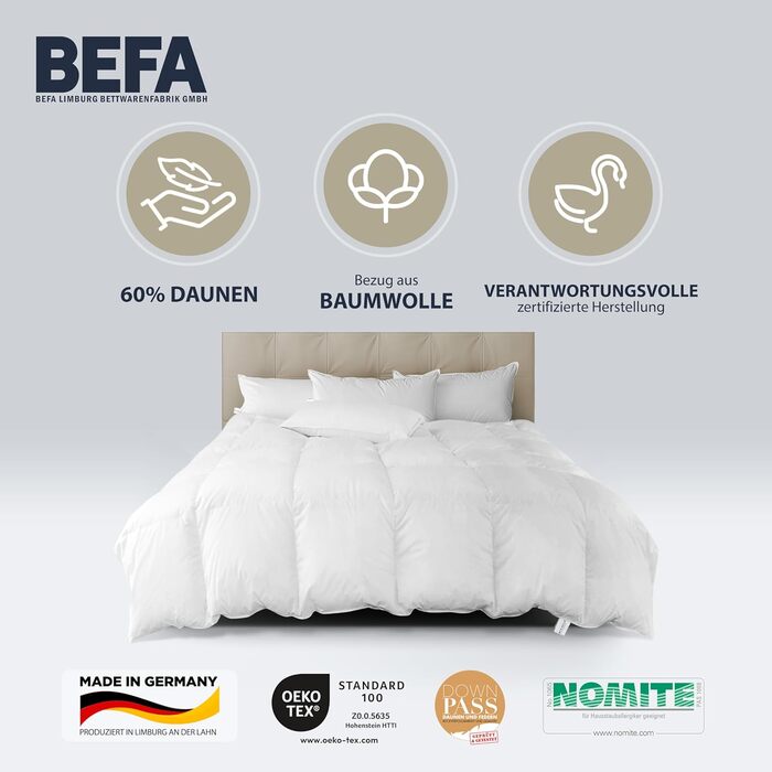 Зимова ковдра BEFA NATUR 240x220 см, 60% пуху, 40% пера, для алергіків, сертифікат Öko-Tex 100, Downpass, Німеччина
