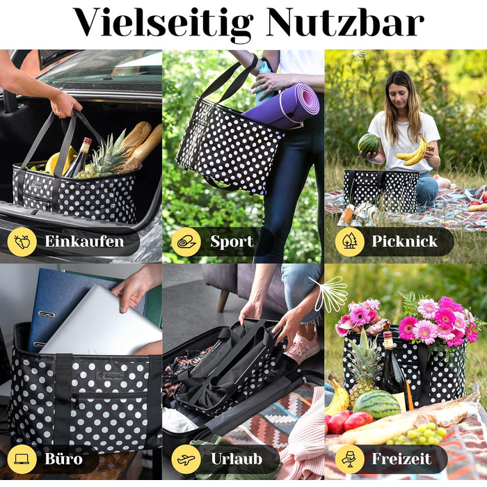 Foldable Shopping Basket in Premium Quality | Shopping Bag with Soft PU Leather Handle | Ideal Shopping Basket with 30 Liter Capacity | Sturdy & Secure Shopping Bag (Black/White Dotted)