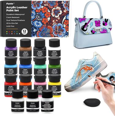 Funto Acrylic Leather Paint Set 12 Colors with Leather Cleaner, 2 Acrylic Gloss Lacquers, 5 Nylon Brushes, a Round Sponge, and 36 Alphanumeric Stickers. Perfect DIY set for shoes, jackets