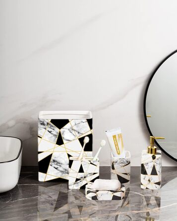 Золотий 4-кільний набір аксесуарів для ванної кімнати з кераміки: дозатор мила, тримач для зубних щіток, стаканчик для води та мильниця. Стильний декор для раковини або елегантний подарунок на новосілля