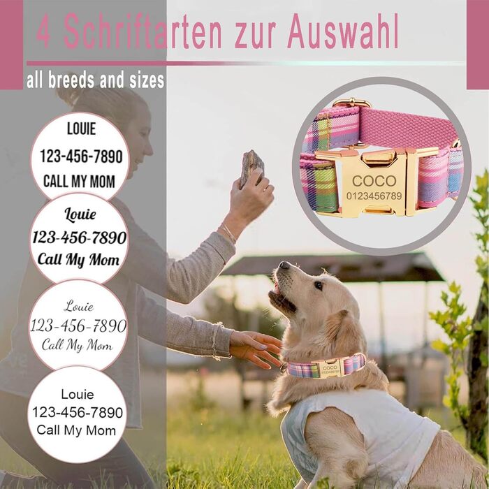 Нашийник для собак з металевою застібкою, двосторонній, з іменем та номером телефону, регульований розмір, M та L (Тартан)