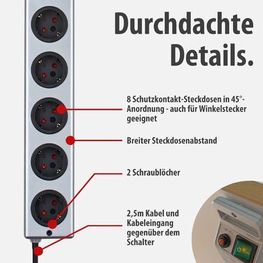 Бренненштуль Super-Solid, мережевий фільтр 8 розеток з захистом від перенапруги (многорозетка з 2,5м кабелем та вимикачем - з ударостійкого полікарбонату) срібний