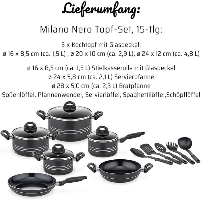 Набір кухонного посуду GSW Kochtopf Set Milano Nero, 15 предметів: каструлі та сковорідки з антипригарним покриттям для індукційних, керамічних та газових плит, з кришками з термостійкого скла та кухонними аксесуарами