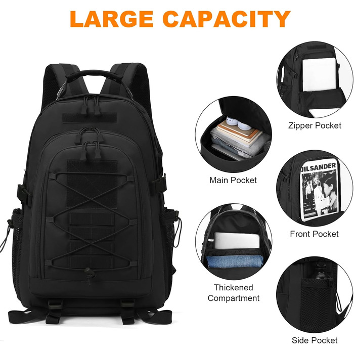 Тактичний рюкзак Molle 35/40 л, водонепроникний, для мотоциклістів, туризму, школи, з USB-портом, чорний