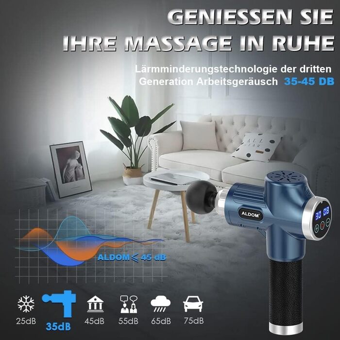 ALDOM Electric Massage Gun - Muscle Therapy Device with 30 Speed Settings & 8 Attachments - Blue