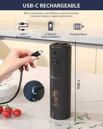 CIRCLE JOY електрична млинка для солі та перцю, з акумулятором, автоматична, 110 мл, регулювання помелу, біле LED-підсвічування, для однієї руки, чорна