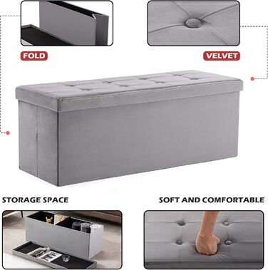 Складана оксамитова банкетка HNNHOME 110×40×40 см, сіра, пуф-оттоманка з кришкою для зберігання іграшок, для вітальні й спальні, екстравелика