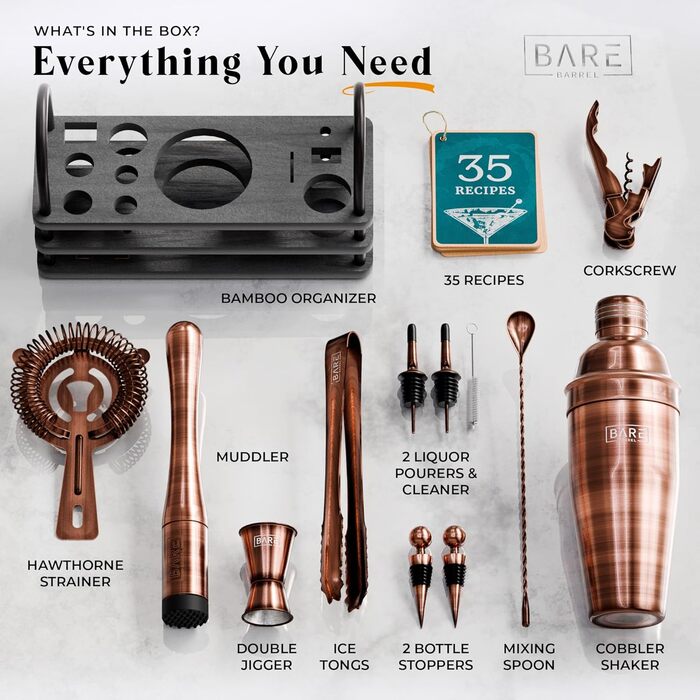 Набір бармена BARE BARREL®: 14 предметів для приготування коктейлів, шейкер Schuster (680 мл), аксесуари для бару, 35 рецептів, подарунковий набір