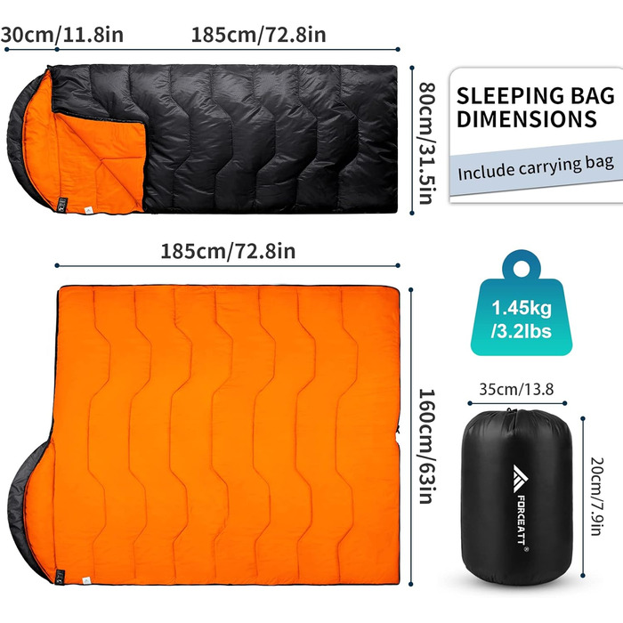 Спальний мішок Forceatt для дорослих, 3-4 сезони, -5°C, Flanell та 20°C Polyester, водонепроникний, теплий, для кемпінгу, відпочинку в приміщенні та на природі, холодний клімат. 10°Polyester Taft, темно-зелений (10°Polyester-Schwarz-Orange)