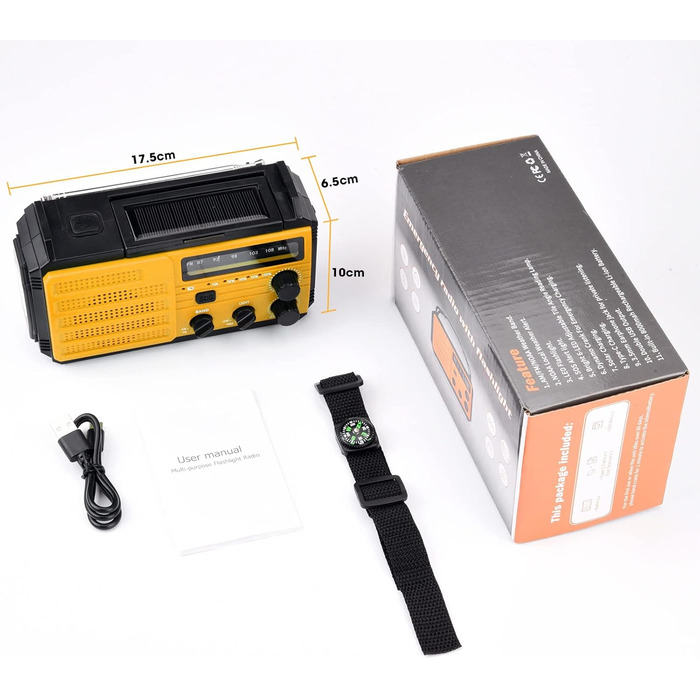 Сонячне радіо Kurbelradio 8000mAh з ручним заводом, AM/FM, динамо, радіо для надзвичайних ситуацій, ліхтарик LED, компас, IPX3, оранжевий