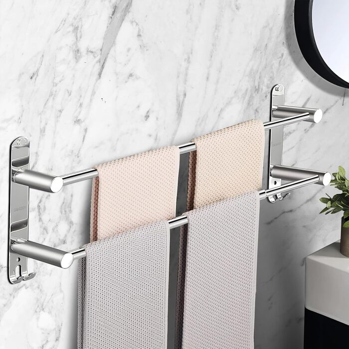 Тримач для рушників настінний з нержавіючої сталі, глянсовий, висувний, 2 стійки, 43-75 см з гачками, для ванної кімнати, монтаж на свердла або на клей - 2 способи встановлення, підходить для ванної та кухні