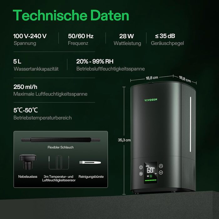 Зволожувач повітря VIVOSUN для рослин 5л Smart, AeroStream H05, 24dB, 360° Cool Mist, 50H, Top-Fill, Ультразвуковий, для гроу-тенту/гроубокса