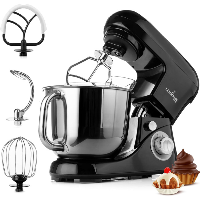 Lehmann Planetary Kitchen Machine with Stainless Steel Bowl 5 L, Multifunction Mixer 2200 W, 6 Speed Dough Machine, incl. Splash Guard, Dough Hook and Whisk (Black)