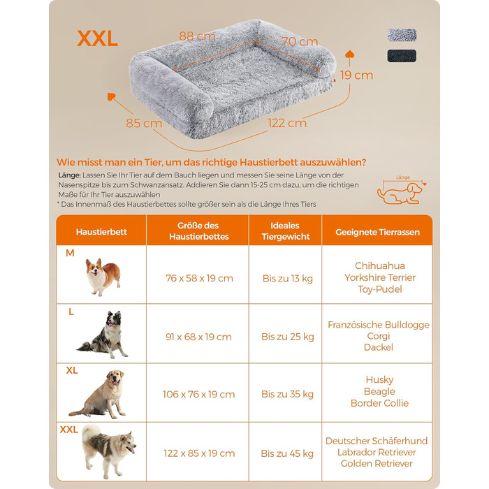 Ліжко для собак Feandrea FluffyHug, XXL, 122 x 85 x 19 см, сірий ошатний, м'яке, знімний чохол, матеріал - ноппенштампфоам