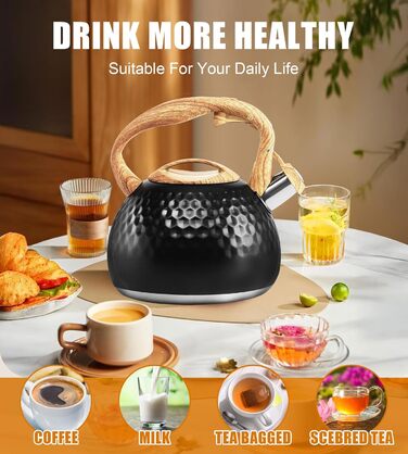 Чайник-свисток Foedo з нержавіючої сталі з дерев'яною текстурою, 3.2 л, для чаю, кави та молока, класичний дизайн, червоний (Чорний-6)